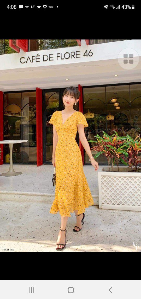 V- Neck Fish Tail Yellow Floral Dress