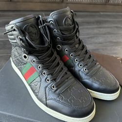 Gucci GG Monogram Black Leather Hi High Tops Trainers Sneakers Men's UK 7G US 7.5