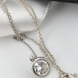 925 Sterling Silver Bezel Solitaire CZ Pendant. Necklace 