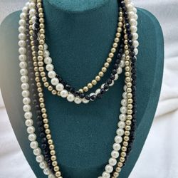 3 Strand White & Gold Faux Pearls & Black Faceted Beads 36” Long W/2 1/2” Extension Vintaged Good Condition 