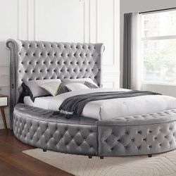 Grey velvet round storage bed frame fully slated usb charging port brand new in box firm price Queen $870 King $950