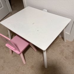 Delta Kids wooden white table & pink chair size 15.5x23x 16.75H study desk toy desk Has some stains but sturdy  Comes from pet free smoke free home  