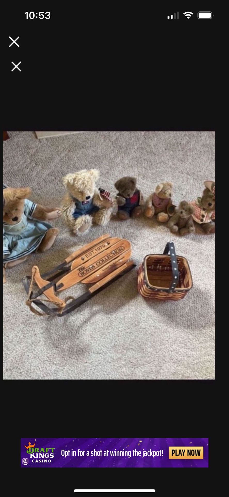 Boyd’s Bears Collection - 6bears, 1sled, 1basket all for $55.00 dollars
