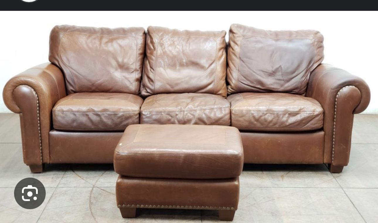 Traditional Brown Leather Couch And Ottoman 