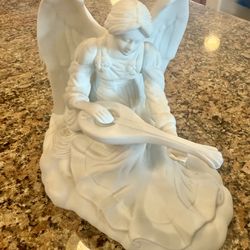 Vintage 7” Bisque Porcelain Angel Figurine Playing Lute White Matte- Religious 