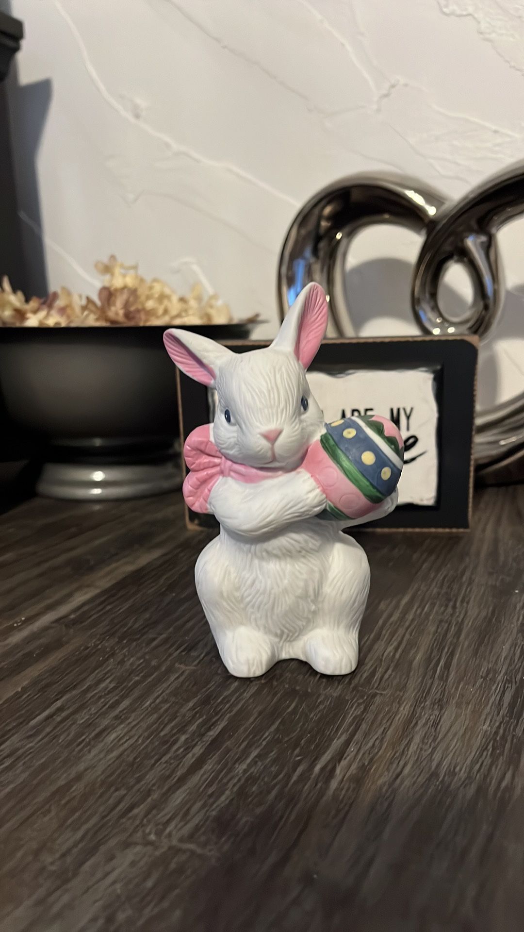 Porcelain Bunny With Pink Bow Holding Easter Egg