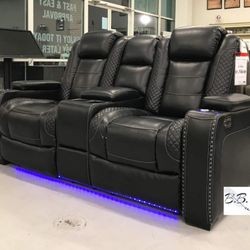 Brand New Home Theater Couch 💥 Black Leather Padded Power Reclining  Loveseat With Adjustable Headrest, Cup Holder, Storage Console, Lights, USB Port