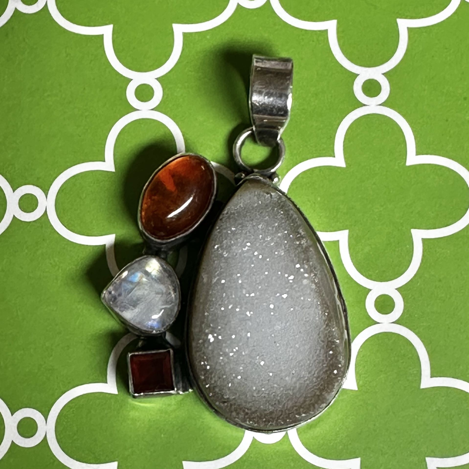 Sterling silver vintage druzy moonstone amber and garnet pendant