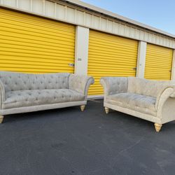 Beige Chesterfield Couch and Loveseat (WILL DELIVER)