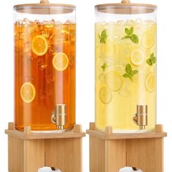 NEW 2pcs 1.5 Gallon Glass Cold Or Hot Drink Dispenser with Bamboo Stand