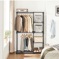 Freestanding Closet Organizer, Portable Wardrobe with 2 Hanging Rods, Clothes Rack, Storage Organizer, Cloakroom, Stable, 44.1 x 16.9 x 65 inches, Gra