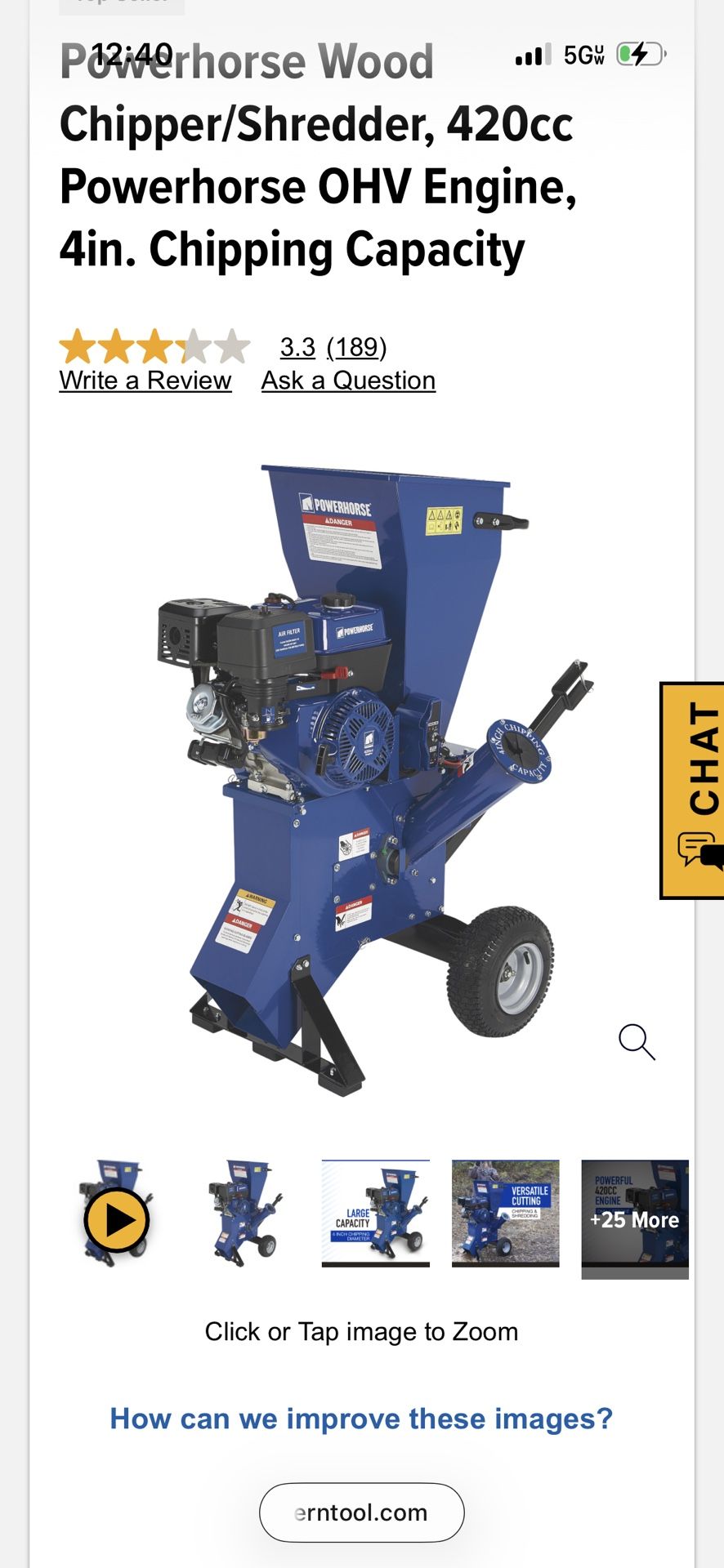 Powerhorse Wood Chipper/Shredder, 420cc Powerhorse OHV Engine, 4in. Chipping Capacity