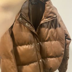 Brown Faux Leather Women’s Puffer Jacket 
