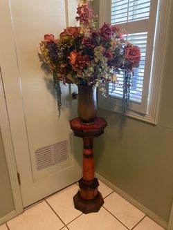 Tall Wood Pedestal Plant Stand with Vase and Florals