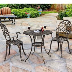 3pcs Bistro Table Set Cast Aluminum Outdoor Patio Furniture Set Round Table W/Removable Ice Bucket, 2 Chairs Antique Garden Furniture Weather Resistan