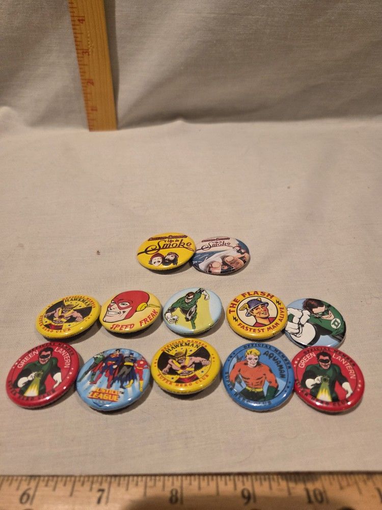 "Cheech & Chong's" and Super hero button pins,lot of 12 VTG