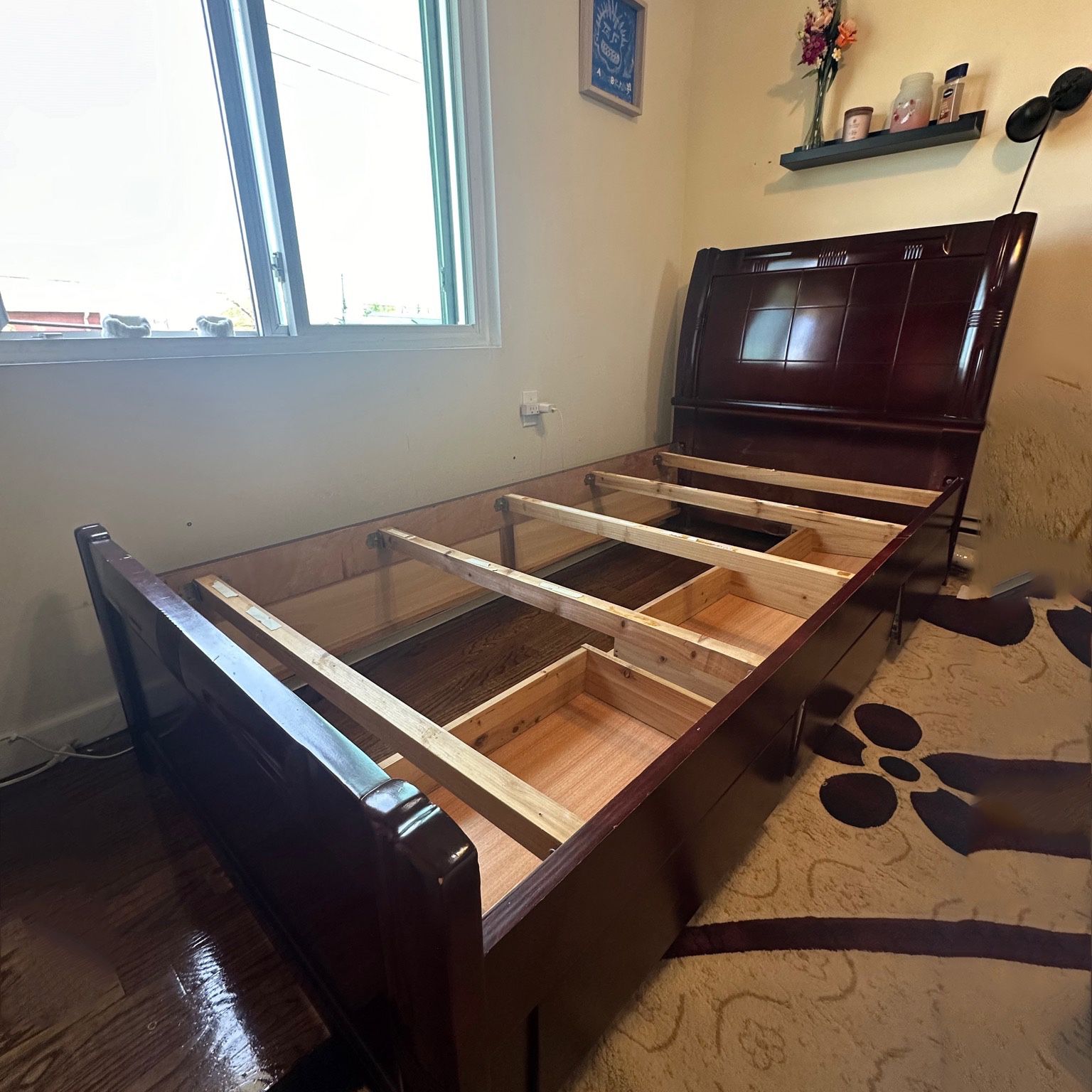 100% Solid Wood Twin Bed Frame, Mahogany/ Burgundy Wood
