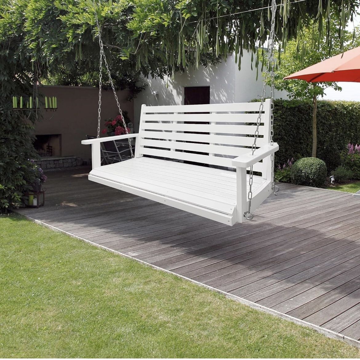 Wooden Porch Swing, Ergonomic Seat, Bench Swing with Hanging Chains and 7mm Springs, Heavy Duty 880 LBS, for Outdoor Patio Garden Yard (High Gloss Whi