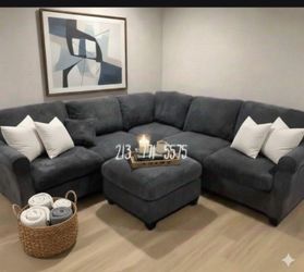4-pc Sectional sofa with ottoman dark grey corduroy new in box
