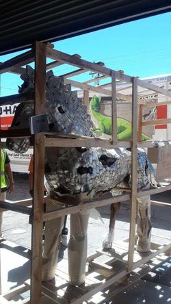 7ft aluminum and teak wood horse sculpture