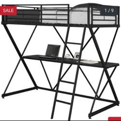 KIDS METAL LOFT BED WITH DESK AND MATTRESS  (Twin)