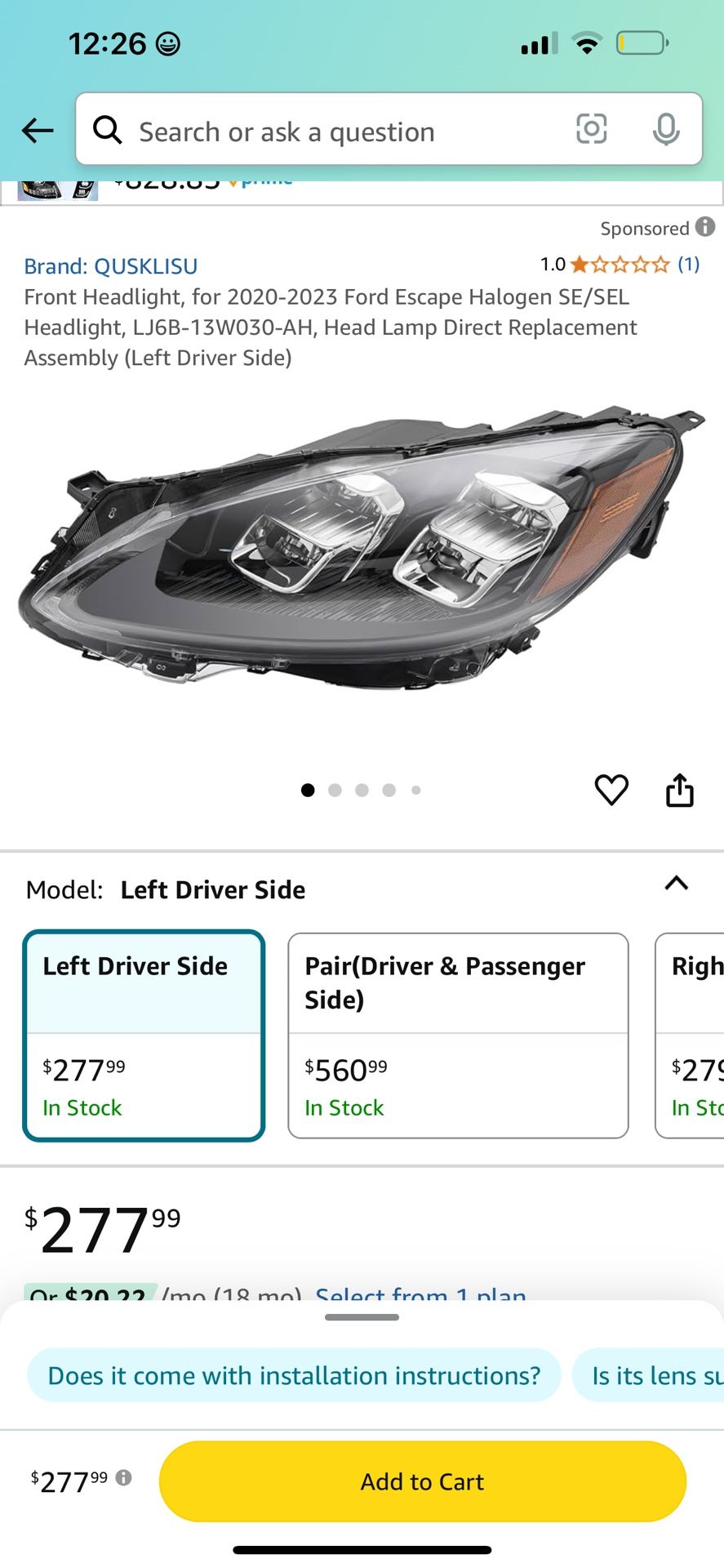 Headlight 2020-2023 Ford Escape SE/SEL