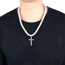 1pc Cross Pendant Inlaid Rhinestone Necklace, Vintage Faux Pearl Necklace, Simple Pearl Necklace Men's Fashion Jewelry