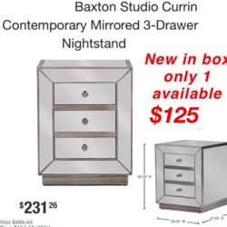 New in box baxton studio 3 drawer mirror nightstand only 1 available $125 cash only east Palmdale 