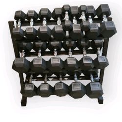 
RUBBER HEX DUMBBELLS SET:
  5-50lb. WITH THE RACK.