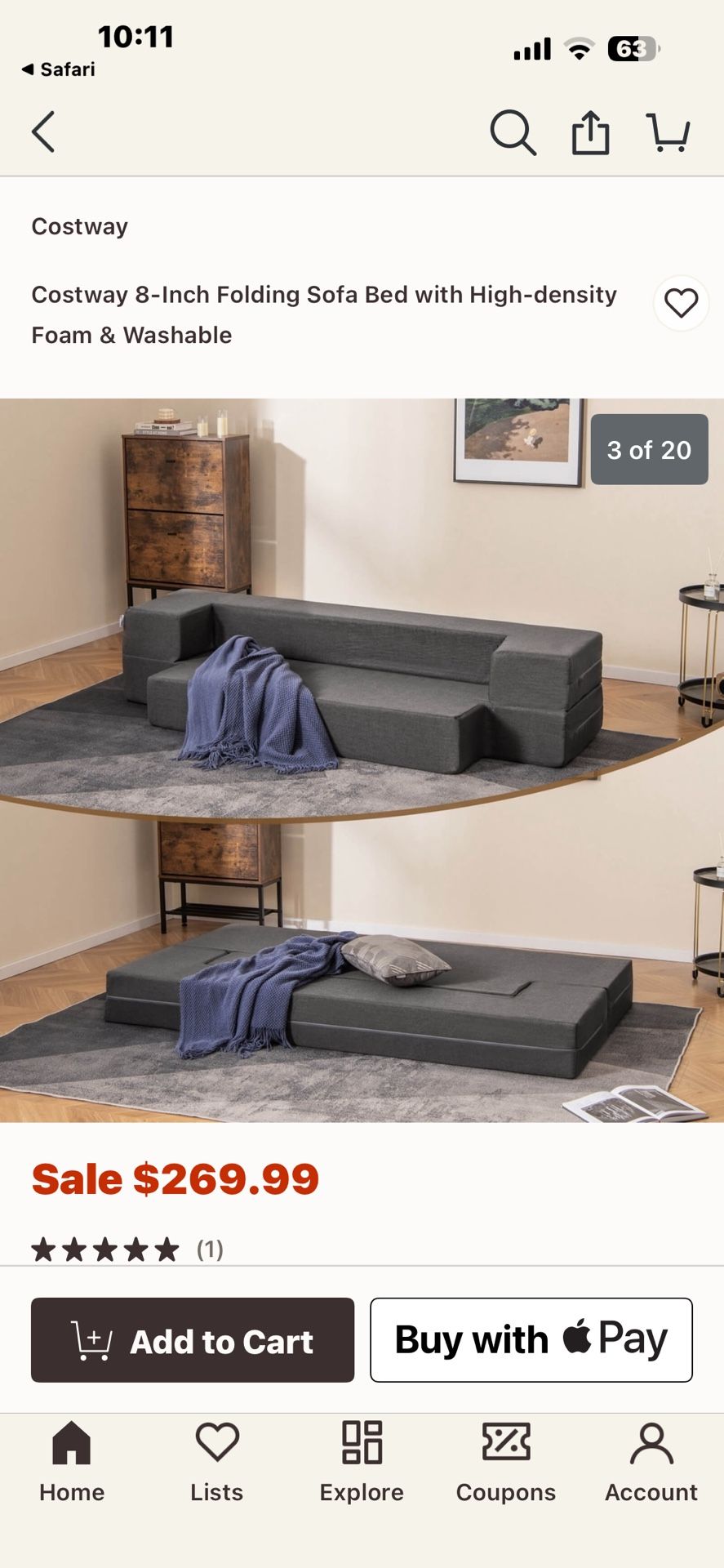 Costway 8-Inch Folding Sofa Bed with High-density Foam & Washable cover Twin Size