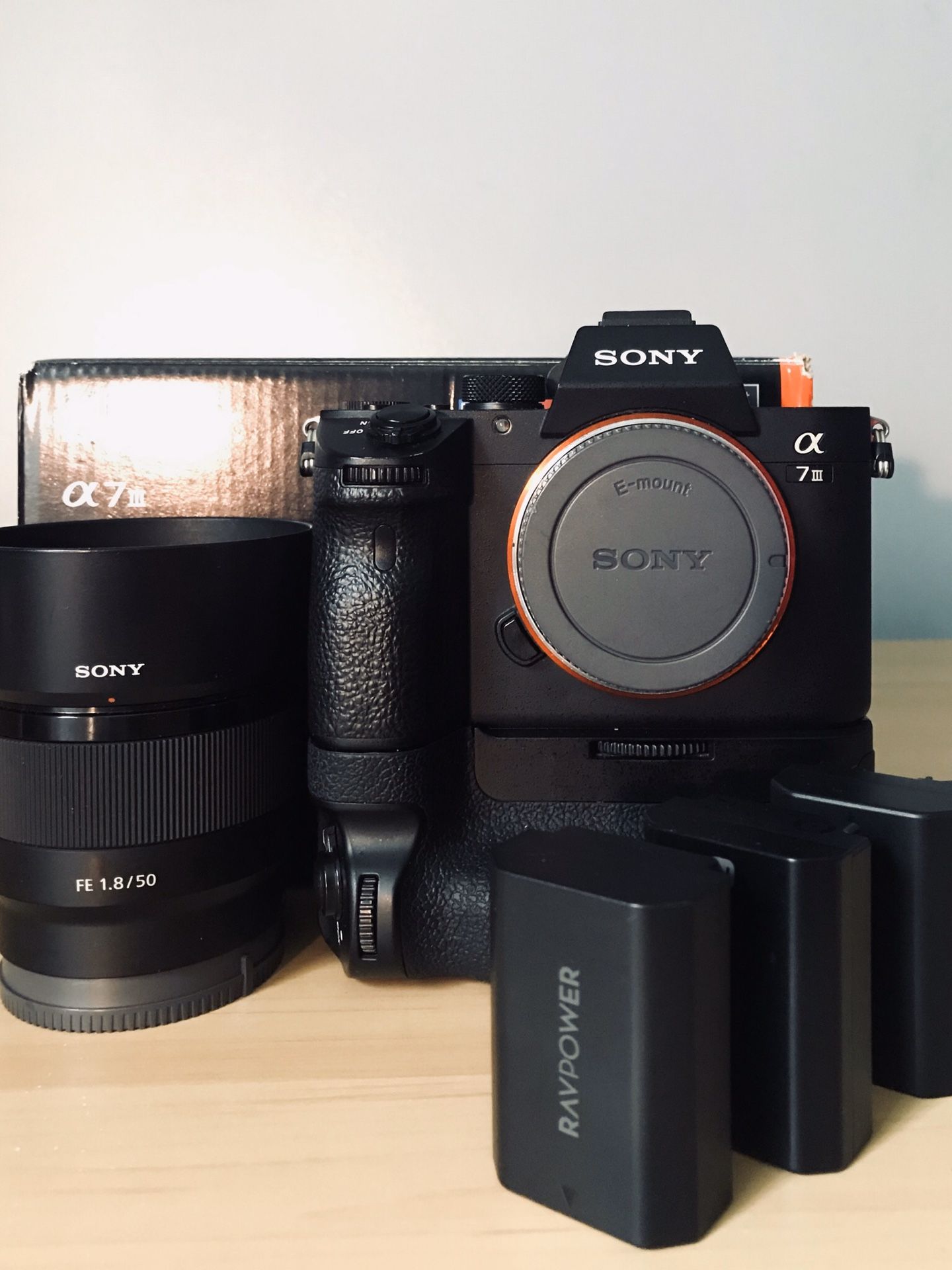 Sony A7iii + Sony 50mm lens (F) 1.8 + Battery Grip + Two Extra Batteries