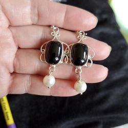 Sterling silver, onyx and pearl earrings