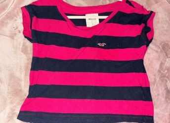 Womens Hollister y2k style cropped navy and pink striped top small