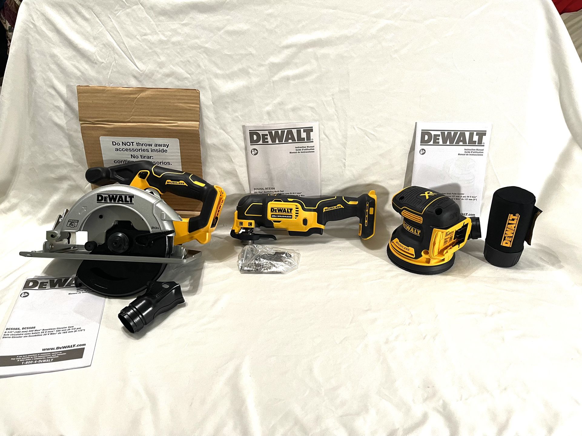 Brand New Dewalt 20V Brushless Mixed Power Tools. Circular Saw, Multitool & Orbital Palm Sander. 