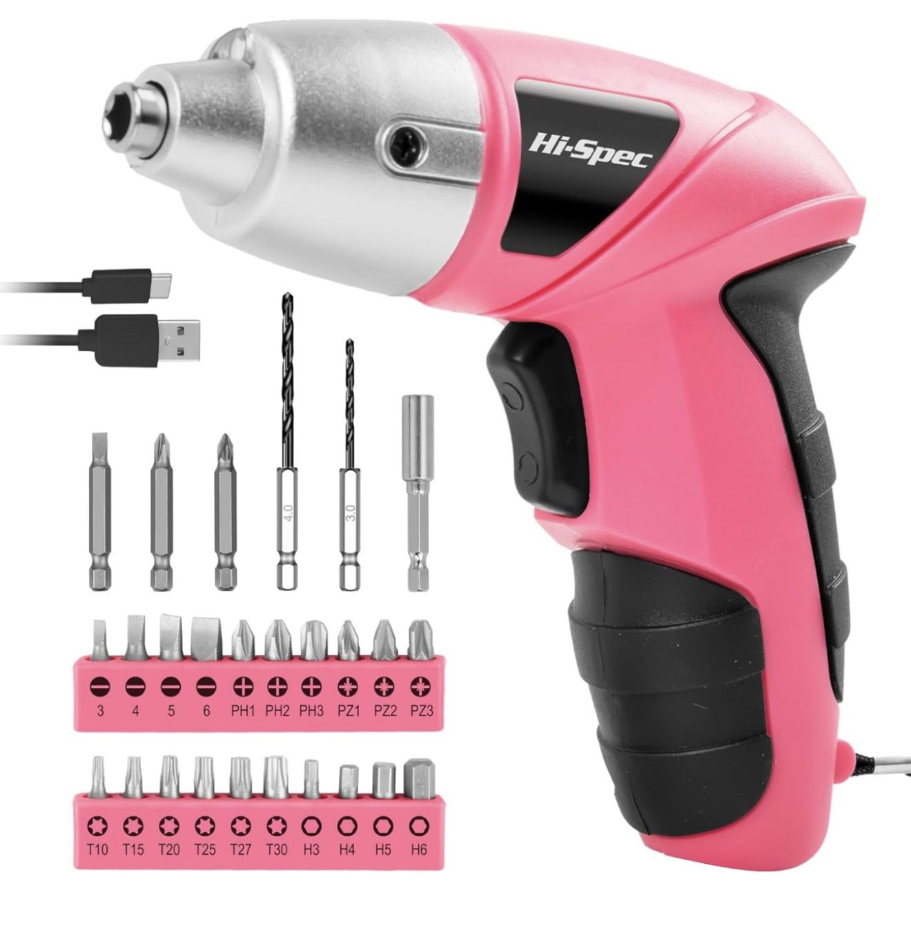 Hi-Spec Electric Screwdriver 27pc 3.6V Pink USB Small Power Screwdriver Set. Cordless & Rechargeable with Driver Bit Set