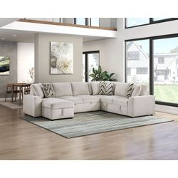Brand New Biege Chenille 3-Piece Sectional with Pull-out Bed and Hidden Storage (122 x 93.5 x 36H)