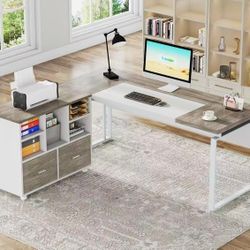 F2372AB L-Shaped Executive Desk with Reversible File Cabinet, 63" Office Desk with Storage Drawers, L-Shaped Computer Desk with Drawer Cabinet for Han