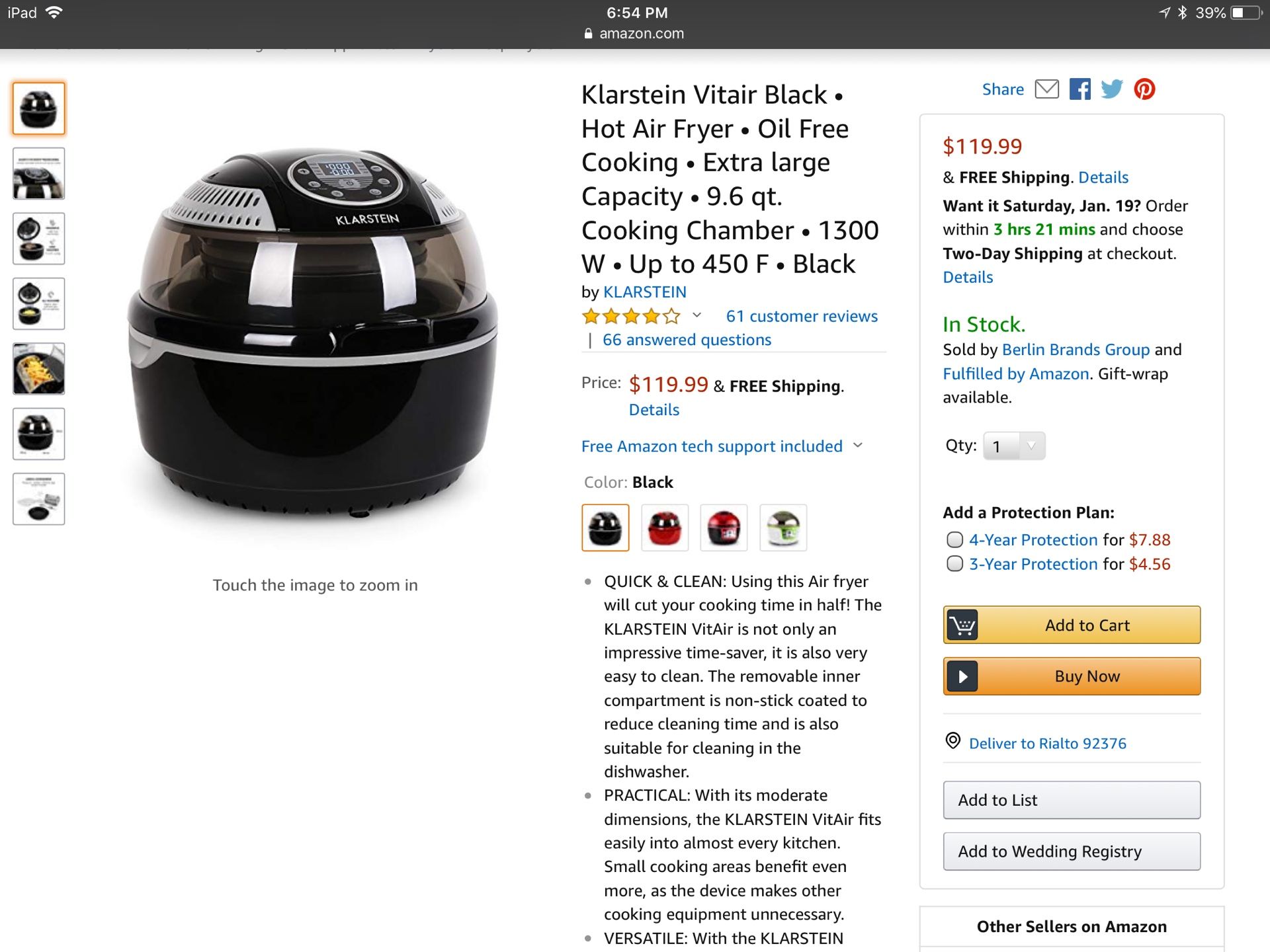 Klarstein Vitair Black Hot Air Fryer Oil Free Cooking Chamber 1300 W Up to 450 F Black