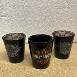 Harley Davidson set of 3 Black Shot Glasses 2- Glass Mirrored on Inside 1- China Ceramic 