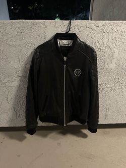 Philipp Plein Black Leather Bomber Jacket
