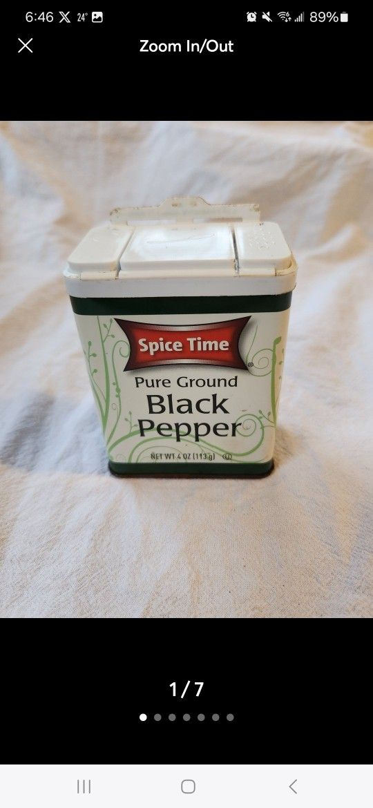 Vintage Spice Time Pure Ground Black Pepper Spice Tin. Approximately 3.75" x 2.75" x almost 1.5". Excellent Condition!! Almost full. Please see al