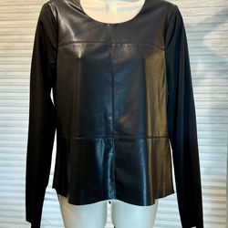 Black Faux Leather Front Long Sleeve Top Size M
