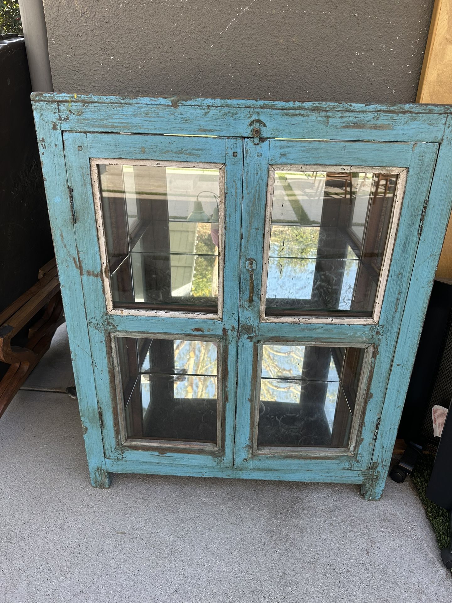 Coastal Blue Distressed 2 Door Glass Display Cabinet