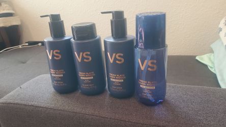 Victoria secret.    1. men body spray 8 Oz.     1. Body lotion 10 Oz.   and.     2. Gel body wash 10 oz.