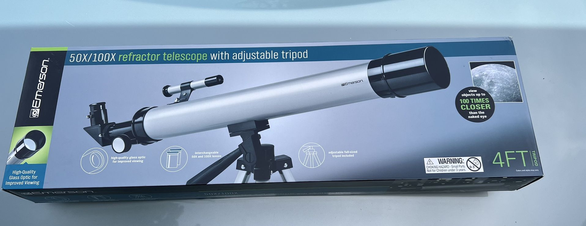 Emerson 50X 100X Refractor Telescope With Adjustable Tripod 4Ft