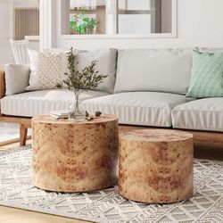 Nesting Coffee Table Set of 2, Modern Round Coffee Table and End Table Set, Natural Burl Center