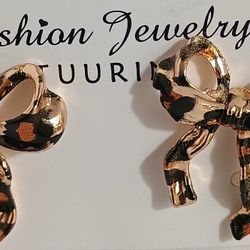 Leopard Print Gold Bow Earrings 