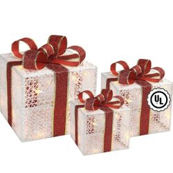 3-Piece Lighted Gift Boxes - Pre Lit Christmas Decoration with Ribbons for Indoor/Outdoor Use (8in) - Weather Resistant Yard Home Decor with Warm UL L