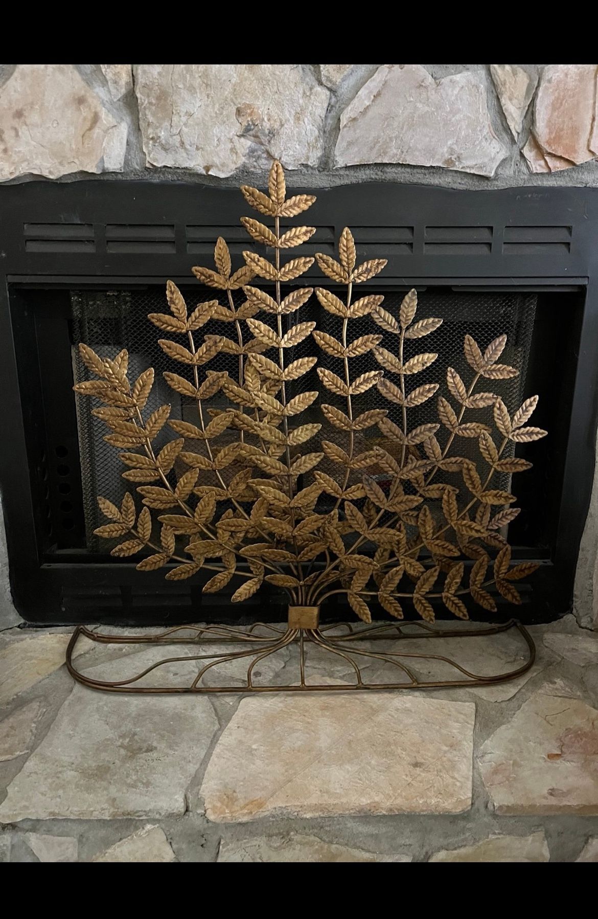 Vintage Metal Fireplace Screen Gilt Gold Fern Leaf Ornate Metal Decor. 35” wide