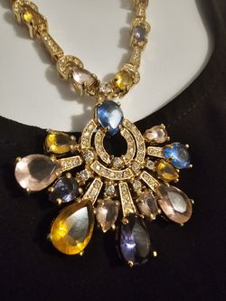 $25.00 - Mayestic Gold Tone Chain Necklace with Lots of Rhinestones & Faux Colored Gems - Like New!  Great Mother's Day Gift!